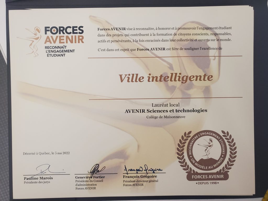 Lauréat local au collège Maisonneuve et parmi les 3 finalistes pour le GALA Forces avenir : Projet ville intelligente